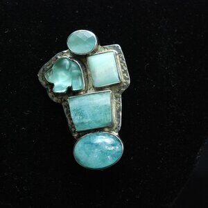 Amy Kahn Russell Sterling Silver AKR Handmade Carved Amazonite Pendant Brooch